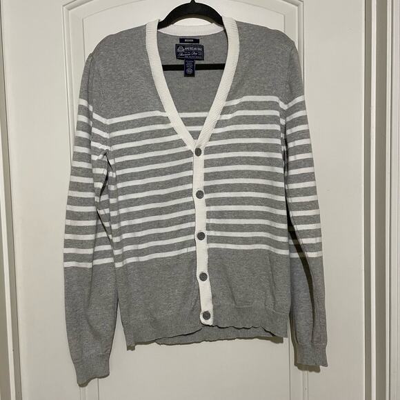 Vintage American Rag Grey and White Striped Button Up Cardigan Size Medium - Picture 1 of 8